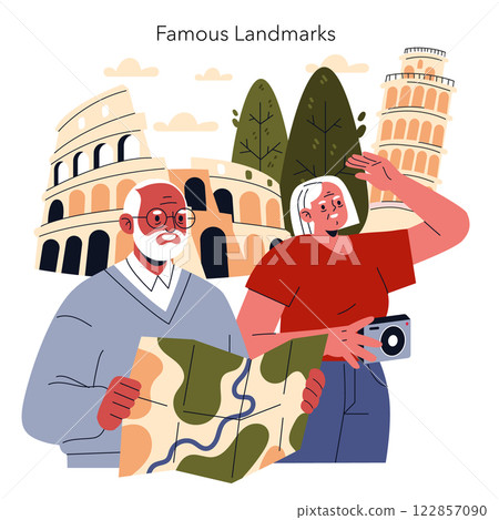 Famous Landmarks concept. Tourists are exploring iconic sites, showcasing the excitement of discovering cultural treasures across Europe. The illustration captures memorable locations and the joy of Famous Landmarks concept. Tourists are exploring iconic sites, showcasing the excitement of discovering cultural treasures across Europe. The illustration captures memorable locations and the joy of 122857090