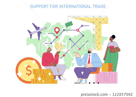 International trade support concept. Discussion of global logistics, finance, and shipping. Includes diverse professionals, money, transportation, and supply chain visuals. Vector illustration. 122857092