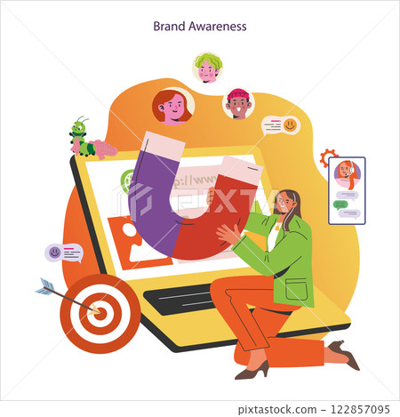 Brand awareness is crucial for engaging audiences and building loyalty. The illustration conveys strategies to attract attention using digital tools, showcasing interaction with potential customers Brand awareness is crucial for engaging audiences and building loyalty. The illustration conveys strategies to attract attention using digital tools, showcasing interaction with potential customers 122857095