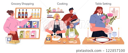 Dinner party preparation sequence showing grocery shopping, cooking with family, and setting a table. Celebrate the joy of sharing meals and bonding through food. Vector illustration. Dinner party preparation sequence showing grocery shopping, cooking with family, and setting a table. Celebrate the joy of sharing meals and bonding through food. Vector illustration. 122857100