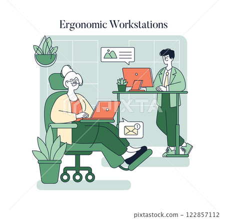 Ergonomic Workstations concept. Illustration of modern workspaces designed for comfort and health. Features a seated worker with a laptop and a standing colleague, emphasizing productivity and well Ergonomic Workstations concept. Illustration of modern workspaces designed for comfort and health. Features a seated worker with a laptop and a standing colleague, emphasizing productivity and well 122857112