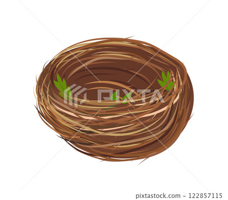 Empty bird nest with green leaves welcoming new life Empty bird nest with green leaves welcoming new life 122857115