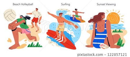 Beach Vacation set. Engaging beach activities create memorable moments by the ocean. Participants enjoy volleyball, surfing, and sunset viewing. The relaxed atmosphere invites fun and connection Beach Vacation set. Engaging beach activities create memorable moments by the ocean. Participants enjoy volleyball, surfing, and sunset viewing. The relaxed atmosphere invites fun and connection 122857121
