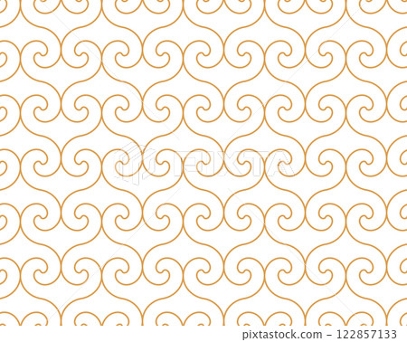 The geometric pattern with wavy lines. Seamless vector background. White and golden texture. Simple lattice graphic design The geometric pattern with wavy lines. Seamless vector background. White and golden texture. Simple lattice graphic design 122857133