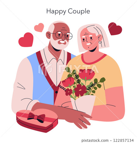 A joyful elderly couple sharing love with flowers and a gift, symbolizing companionship and affection. A joyful elderly couple sharing love with flowers and a gift, symbolizing companionship and affection. 122857134
