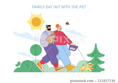 Family day out with a pet. A cheerful family enjoys quality time in nature, walking with their puppy under a bright sun. They embrace companionship and joyful moments outdoors. Vector illustration. 122857136