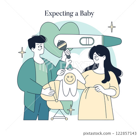 Family Planning concept. A joyful couple prepares for a new arrival, showcasing a positive pregnancy test and baby clothes. Future parents' excitement. Vector illustration. Family Planning concept. A joyful couple prepares for a new arrival, showcasing a positive pregnancy test and baby clothes. Future parents' excitement. Vector illustration. 122857143