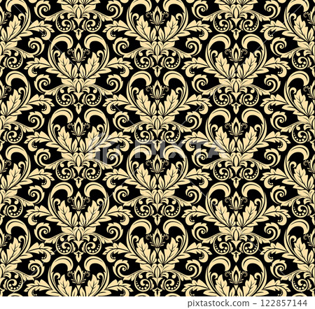 Wallpaper in the style of Baroque. Golden and black floral ornament. Seamless vector background. Graphic pattern for fabric, wallpaper, packaging. Ornate Damask flower illustration Wallpaper in the style of Baroque. Golden and black floral ornament. Seamless vector background. Graphic pattern for fabric, wallpaper, packaging. Ornate Damask flower illustration 122857144