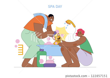 National Puppy Day celebrates the joy of dog ownership and the importance of adopting pets. The illustration shows a caring moment, where a dog is being groomed, highlighting love and companionship 122857151