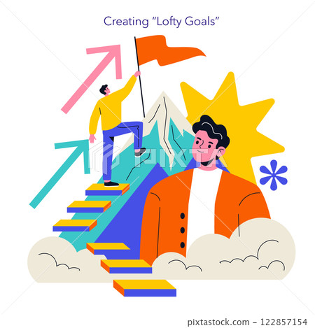 Logotherapy concept. A visual representation of creating lofty goals, depicting a person scaling steps toward success with determination. Elements include arrows symbolizing growth, mountains 122857154