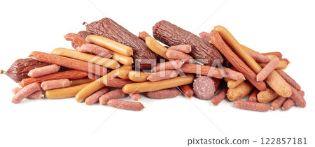 Various dry-cured and smoked sausages isolated on white. 122857181