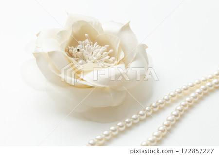 白色背景的花胸花和珍珠項鍊 白色背景的花胸花和珍珠項鍊 122857227