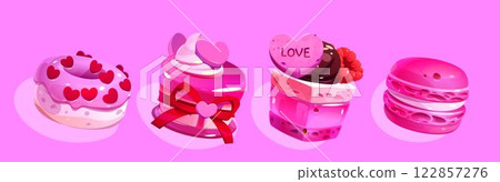 Vintage pink dessert set of decorated cakes 122857276