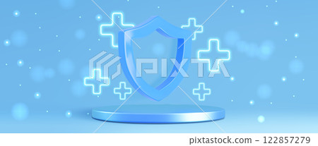 3D medical podium with shield and neon crosses 122857279