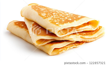 A close-up shot of several rolled crepes or thin pancakes, with golden-brown edges and a soft, smooth texture. The crepes are neatly stacked, and the image has a clean, minimalistic background. 122857321