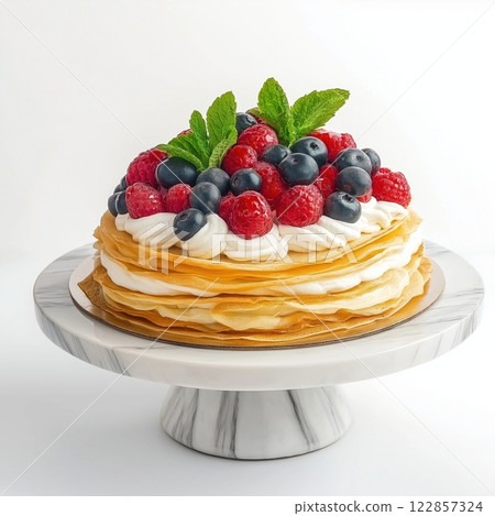 A stack of layered pancakes topped with whipped cream, fresh raspberries, blueberries, and mint leaves, placed on a marble cake stand.  122857324