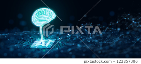 Ai chipset with human brain on computer circuit board. Artificial intelligence, Data mining, and Deep learning modern computer technology. Ai CPU concept. 3D Rendering. Ai chipset with human brain on computer circuit board. Artificial intelligence, Data mining, and Deep learning modern computer technology. Ai CPU concept. 3D Rendering. 122857396