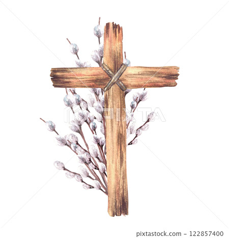 Wooden Cross tied with a rope with pussy willow branches. Religious Church arrangement. Watercolor hand drawn illustration on isolated background. Clipart for First communion, baptism, Easter card. Wooden Cross tied with a rope with pussy willow branches. Religious Church arrangement. Watercolor hand drawn illustration on isolated background. Clipart for First communion, baptism, Easter card. 122857400