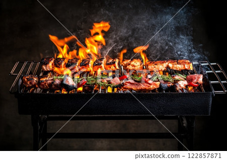 Grill with fire and ember charcoal, roast meat and vegetables. Grill with fire and ember charcoal, roast meat and vegetables. 122857871