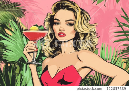 Pop art illustration of a woman holding a cocktail. 122857889