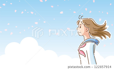Profile of a female student in a sailor uniform standing among cherry blossoms dancing in the wind 122857914