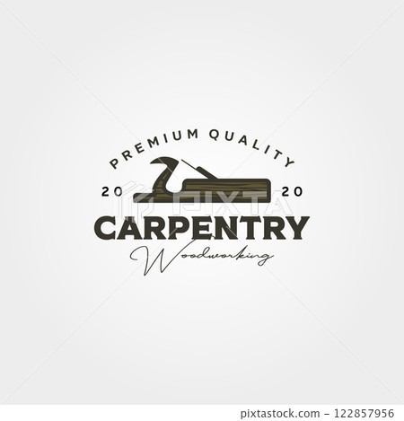 vintage jack plane logo vector for carpentry service symbol illustration design, carpenter woodwork logo design 122857956