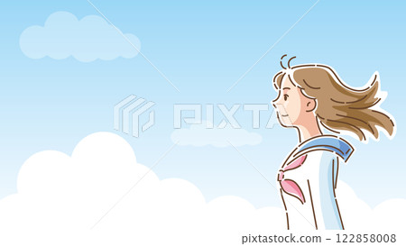 Profile of a female student in a sailor uniform gazing ahead with a refreshing blue sky in the background Profile of a female student in a sailor uniform gazing ahead with a refreshing blue sky in the background 122858008