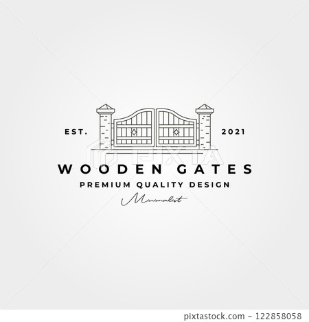 wooden gate line logo vector symbol illustration design, minimal logo design wooden gate line logo vector symbol illustration design, minimal logo design 122858058