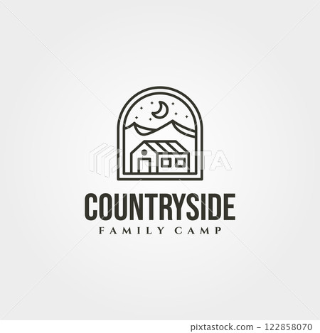 line art cottage house vector symbol illustration with mountain view logo design line art cottage house vector symbol illustration with mountain view logo design 122858070