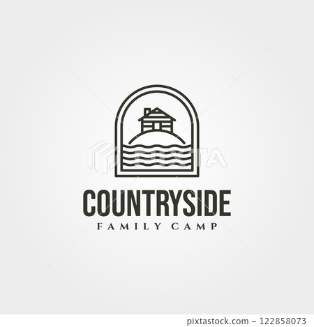 bungalow island line art icon logo vector symbol illustration design. cabin and beach logo design bungalow island line art icon logo vector symbol illustration design. cabin and beach logo design 122858073