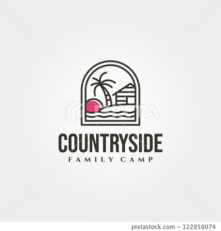cottage island with sunset icon logo vector minimal illustration design, cabin line art logo cottage island with sunset icon logo vector minimal illustration design, cabin line art logo 122858074