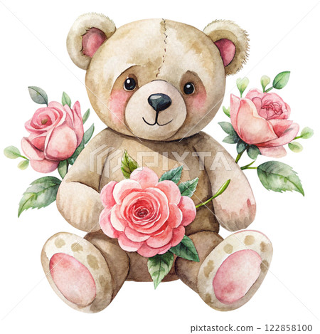 Cute bear with roses clipart watercolor  122858100