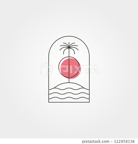 palm tree island line logo vector symbol with sunset illustration design, minimal emblem design 122858136