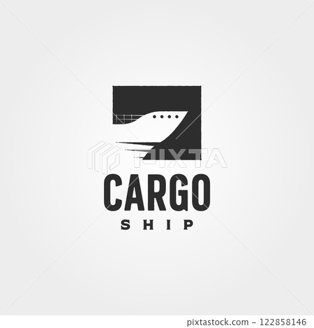 container ship vintage logo vector symbol illustration design, minimalist cargo ship logo design container ship vintage logo vector symbol illustration design, minimalist cargo ship logo design 122858146