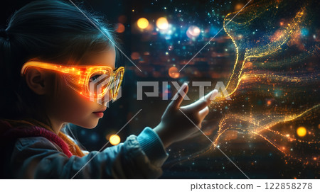 A kid girl interacts with a neural network display. The concept of early learning, future technology, and the curiosity-driven exploration of AI. Generative AI 122858278