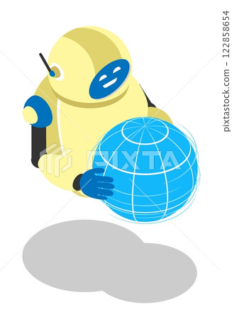 Isometric modern robot carries globe in hands. Concept of global progress and development in field of robotics and artificial intelligence. 3D vector isolated on white background top view at an angle Isometric modern robot carries globe in hands. Concept of global progress and development in field of robotics and artificial intelligence. 3D vector isolated on white background top view at an angle 122858654