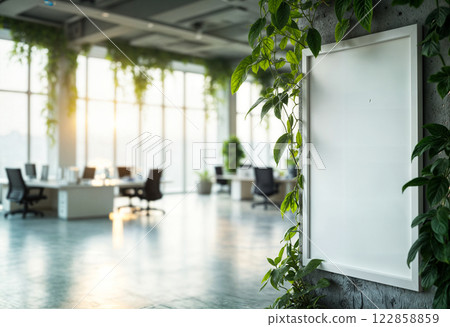 Modern Biophilic Office Interior with Blank Canvas and Natural Light Through Windows 122858859