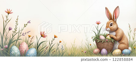 Enchanted Easter Garden with Whimsical Bunny and Decorative Eggs Among Spring Flowers Enchanted Easter Garden with Whimsical Bunny and Decorative Eggs Among Spring Flowers 122858884