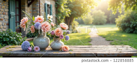 Romantic Garden Flower Arrangement in Gray Vases with Summer Sunlight and Stone House Romantic Garden Flower Arrangement in Gray Vases with Summer Sunlight and Stone House 122858885