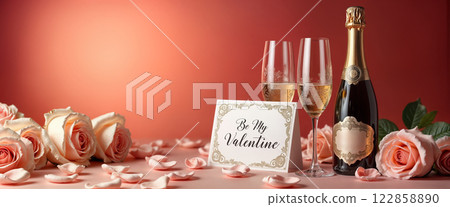 Romantic Valentine's Day Celebration with Champagne, Pink Roses and Love Message Romantic Valentine's Day Celebration with Champagne, Pink Roses and Love Message 122858890