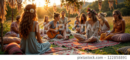 Bohemian Summer Gathering with Dreamcatchers and Guitar Music at Golden Hour Field 122858891