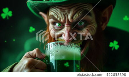 Mischievous Leprechaun Sipping Emerald Green Beer Through Irish Shamrock Bokeh Mischievous Leprechaun Sipping Emerald Green Beer Through Irish Shamrock Bokeh 122858898