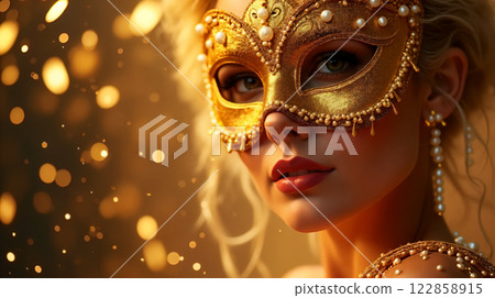 Beauty in Golden Masquerade Ball Elegance, Carnival Banner Beauty in Golden Masquerade Ball Elegance, Carnival Banner 122858915