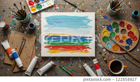 Vibrant Artist Workspace with Rainbow Abstract Painting and Creative Tools at Sunrise 122858927