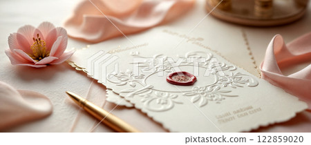 Elegant Wedding Invitation with Delicate Wax Seal and Pink Peony Blossom Flatlay 122859020