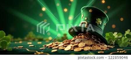 Lucky Leprechaun's Treasure: Glowing Green Top Hat with Golden Coins and Shamrocks 122859046