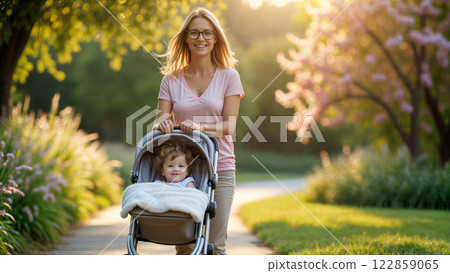 Joyful Spring Stroll Through Garden Path with Baby Carriage in Golden Hour Light 122859065
