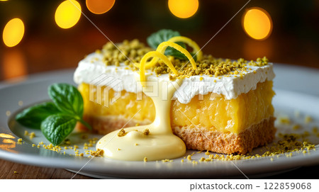 Elegant Lemon Custard Slice with Dripping White Chocolate and Fresh Mint Garnish 122859068