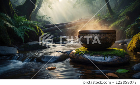 Ancient Tibetan Singing Bowl Rests on Mossy Stone by Mystical Forest Stream Flow 122859072