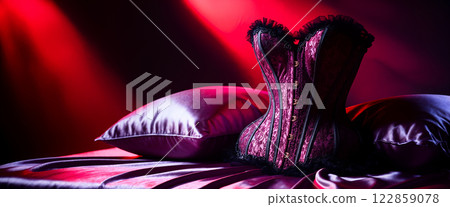 Romantic Purple Corset Lingerie Against Satin Sheets in Dramatic Red Lighting 122859078